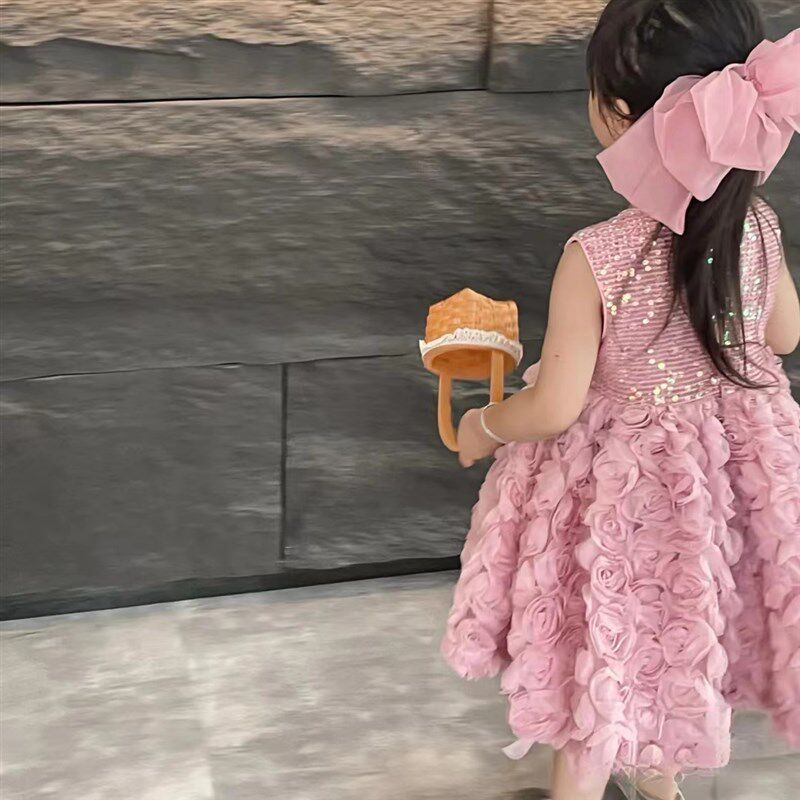 粉色儿童礼服裙花童婚礼小女孩轻奢小众高端女童生日钢琴演奏夏季