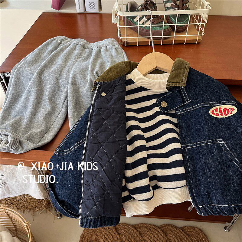 超好看~儿童秋冬夹棉轻软型牛仔外套男童春秋加厚翻领夹克上衣