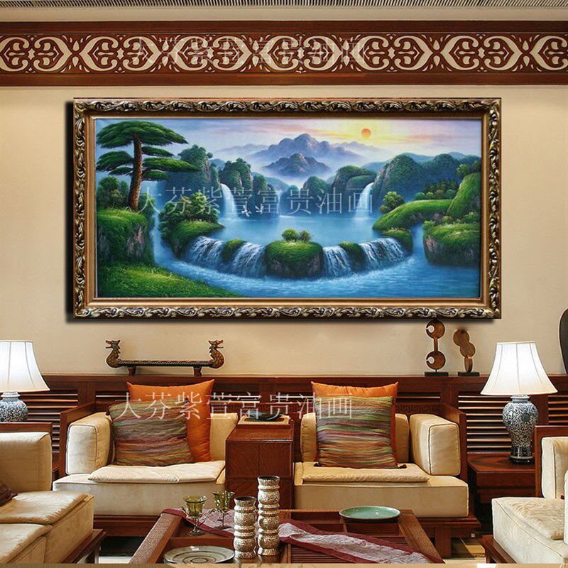 聚宝盆手绘山水风景画迎客松客厅酒店餐厅办公室书房沙发背景挂画