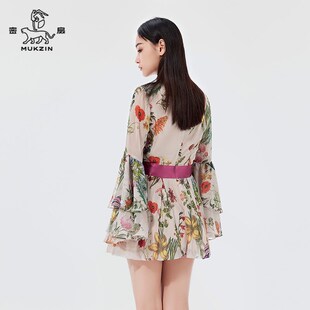 密扇国潮水袖 小个子连身裙夏 雪纺V领连衣裙女碎花温柔风连体裙裤