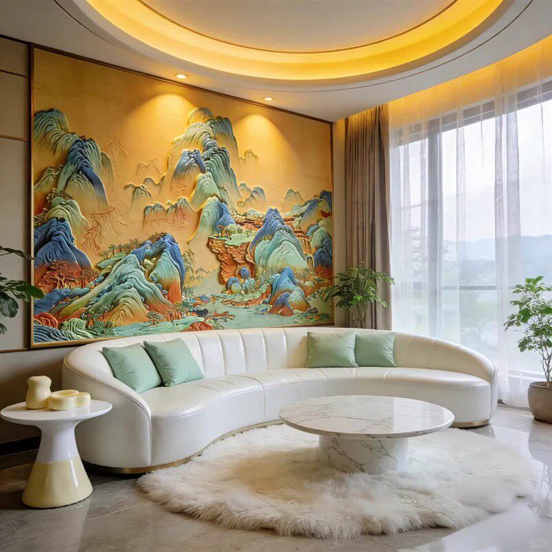 超浮雕新中式千里江山背景护墙板客厅沙发电视装饰墙画高端集成版