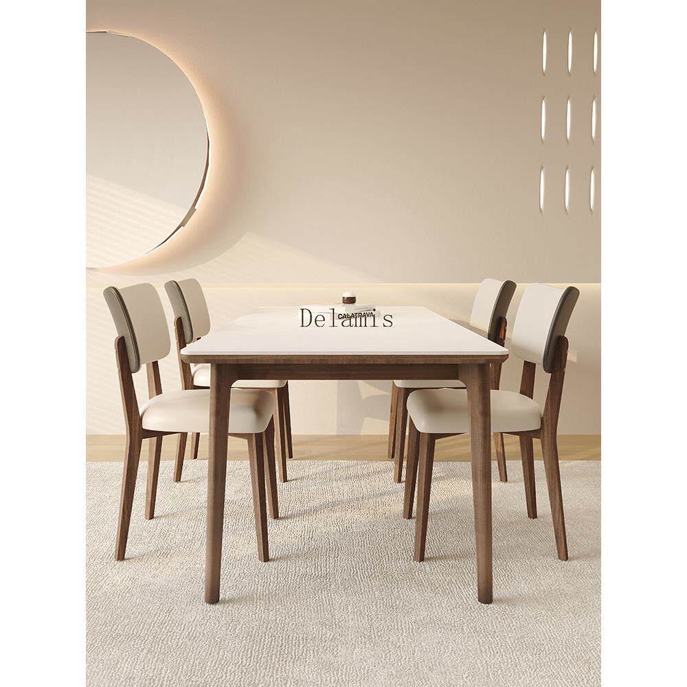 黑胡桃德丰实木板岩餐桌椅组合意大利极简主义纯白色哑光原木餐桌