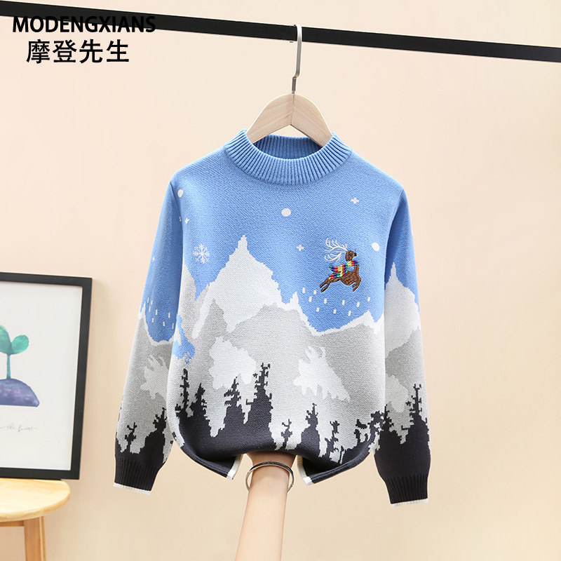 男童毛衣秋冬款2022新款洋气红色圣诞款儿童针织衫中大童加绒加厚