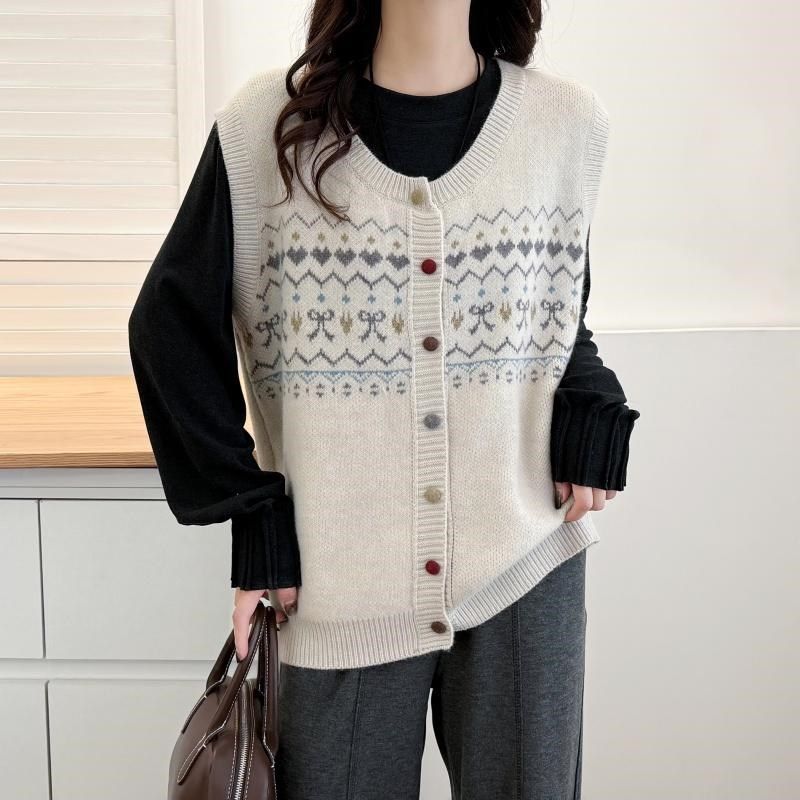 法式复古提花毛衣针织马甲背心女款新款大码春秋季外穿叠穿上衣