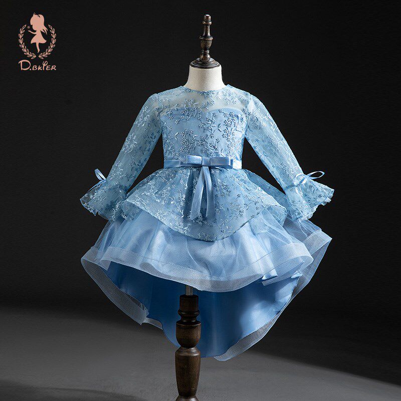 儿童礼服公主裙中大童女童主持人演出服装长袖花童婚纱拖尾晚礼服