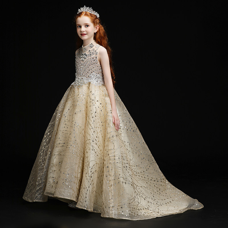 女童礼服公主裙欧式儿童主持高端女孩走秀拖尾钢琴大童表演演出服