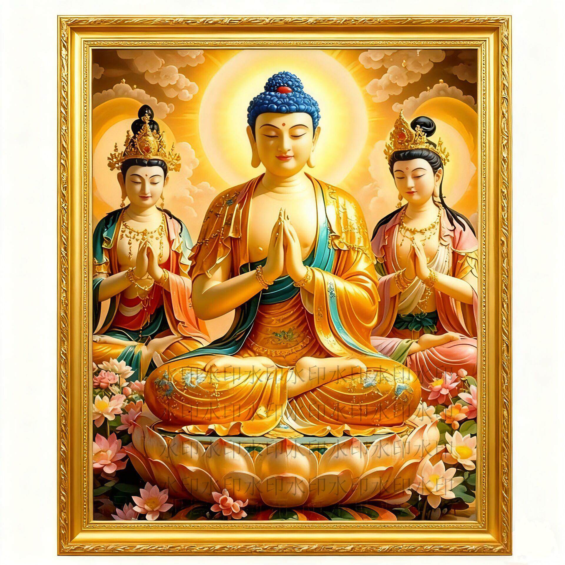 带框钻石画满钻圆钻方钻手工贴钻绣客厅玄关竖版新款佛像西方三圣