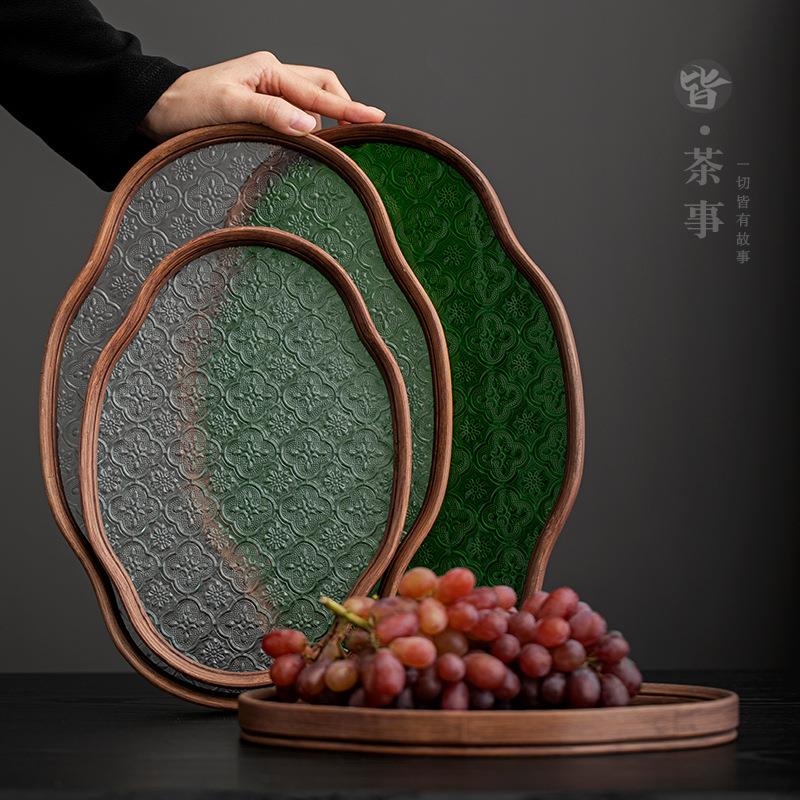 家用茶室水果点心盘收纳茶点盘中式海棠花玻璃茶托盘果盘竹制茶盘