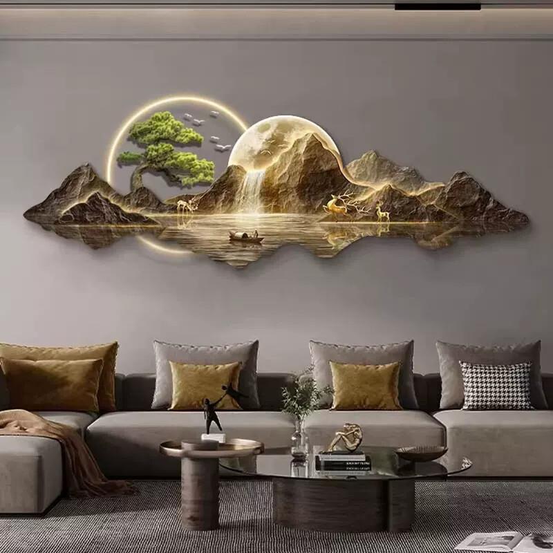 灯光画客厅装饰画有靠山流水生财高端大气LED挂画沙发背景墙壁灯