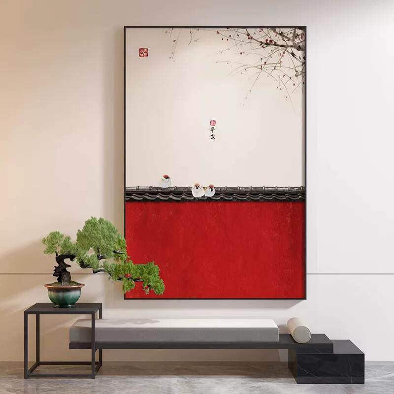 红色竖式新中式客厅装饰画沙发背景墙花鸟花卉茶室书房房间挂壁画