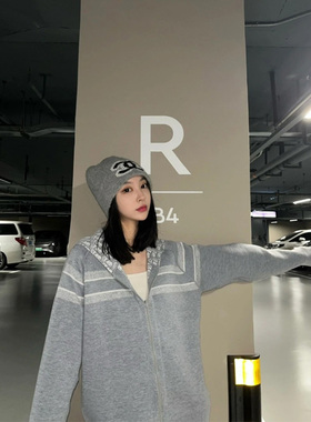 CHENXI/秋冬贵气穿搭法式菱格两面双可穿拉链连帽开衫外套