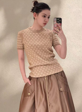 CHENXI/驴家香槟色经典老花圆领针织毛针织衫毛衣