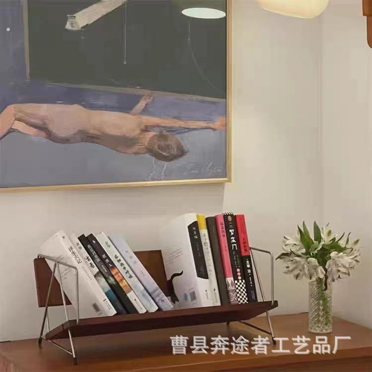 美式复古桌面铁艺实木小书架书籍收纳架办公桌上杂物置物架