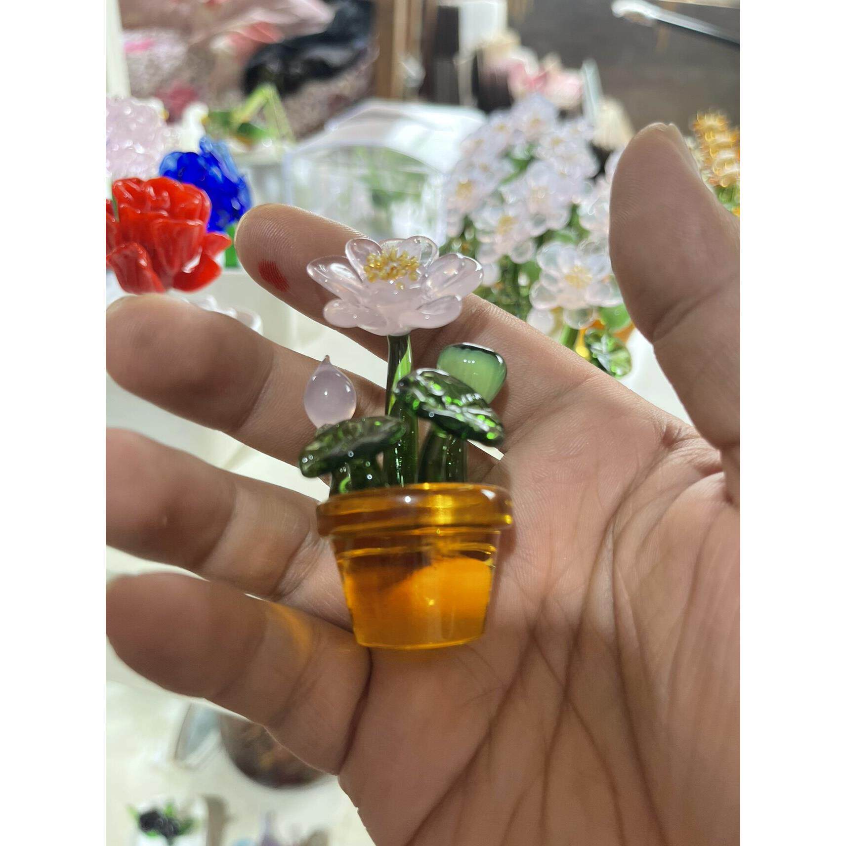彷真绿色植物琉璃盆栽荷花手工淄博博山琉璃摆件工艺礼品摆饰礼物