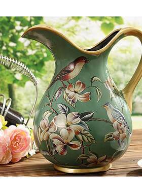 欧式田园彩绘陶瓷花瓶绿色花鸟单耳奶壶插花做旧复古轻奢花盆花器