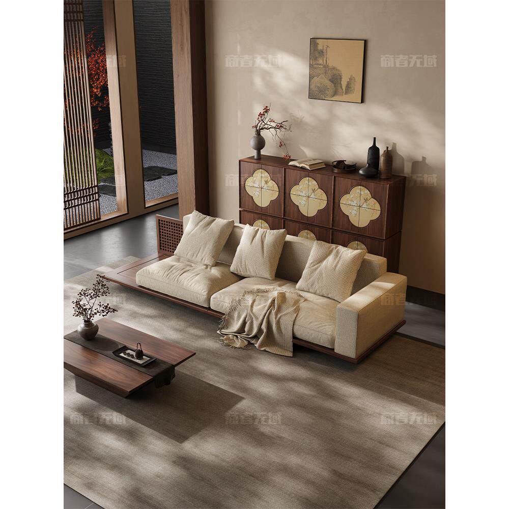 黑胡桃木宋氏美学高端棉麻布艺直排沙发新中式客厅家用2025新款