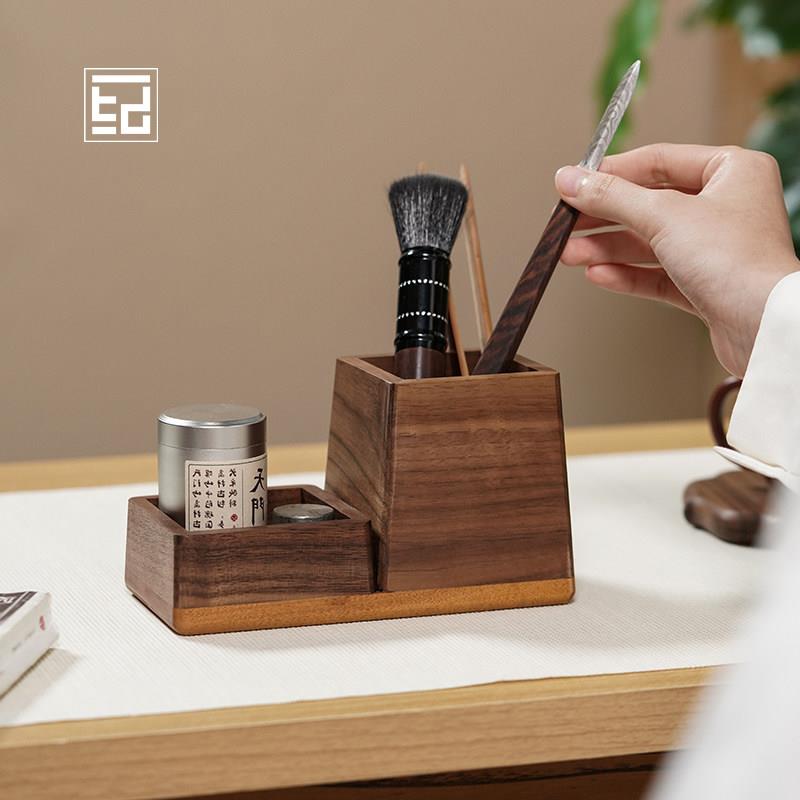 黑胡桃木撞色茶筒茶室摆件茶道六君子配件收纳整理盒实木文房笔筒