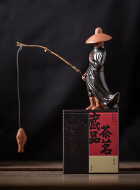 陶瓷钓鱼翁小摆件小号老头姜太公钓鱼鱼缸流水器假山盆景造景配件