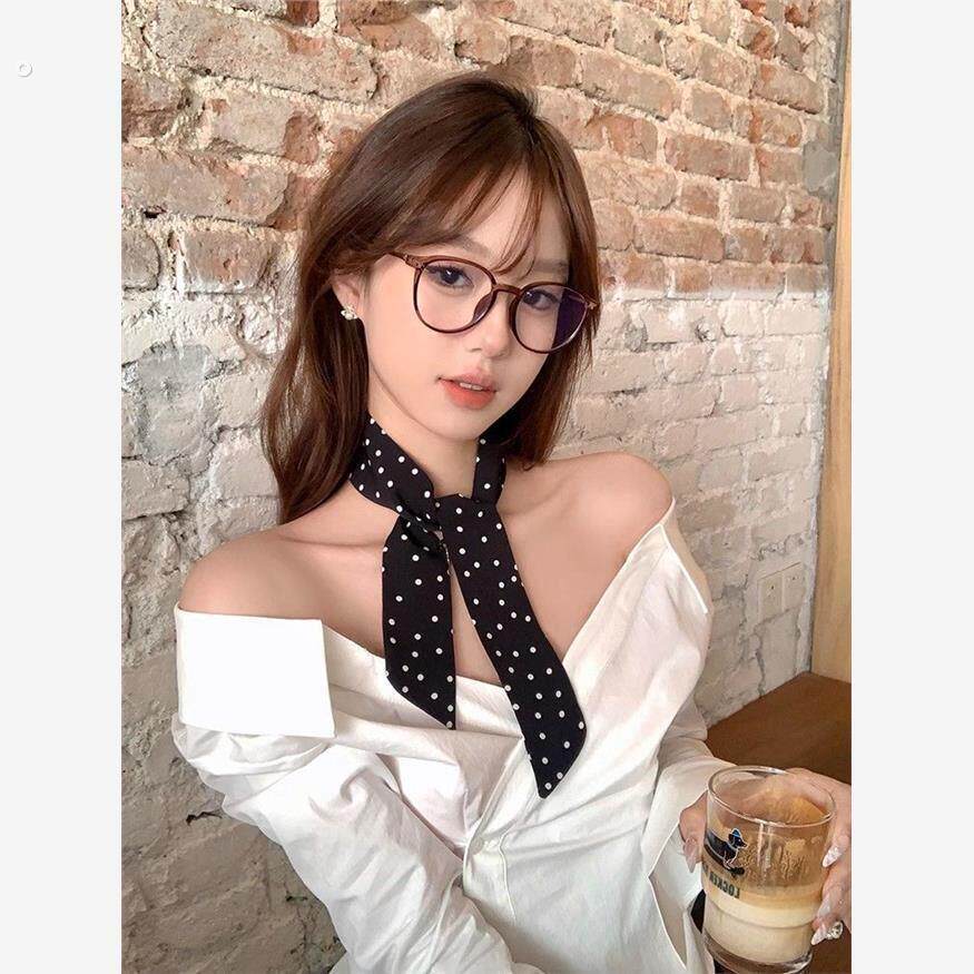 复古时髦系脖发带女黑白圆点丝巾高级感细窄长条领带薄款护颈围巾