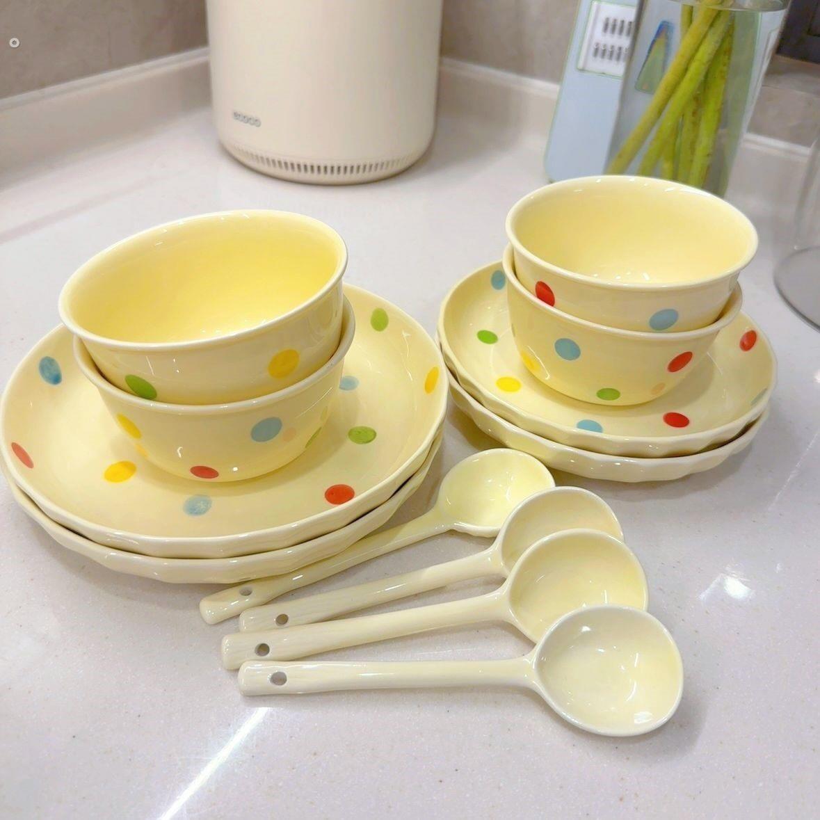 波点可爱陶瓷餐具组合套装碗碟米饭碗一人食碗盘套装家用筷子勺子