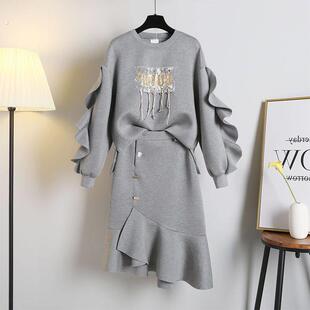 大码女装2024年春季新款显瘦半身裙子卫衣女春季温柔系穿搭套装潮