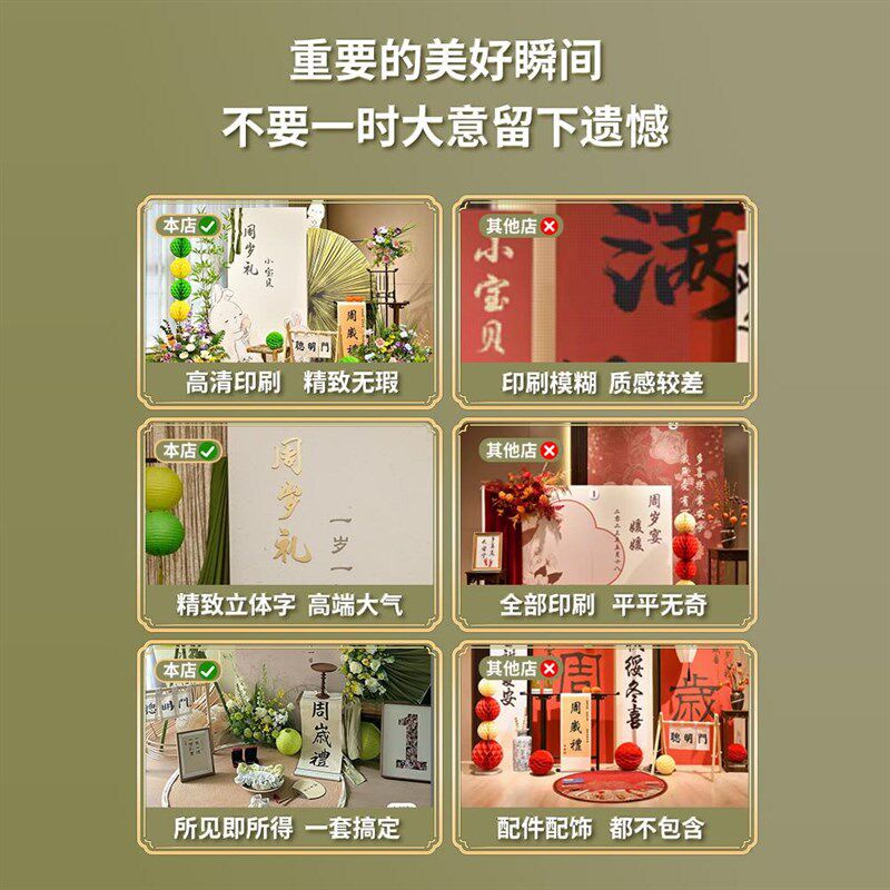 2025新中式宝宝一周岁生日宴布置装饰全套抓周用品绿色背景墙kt板