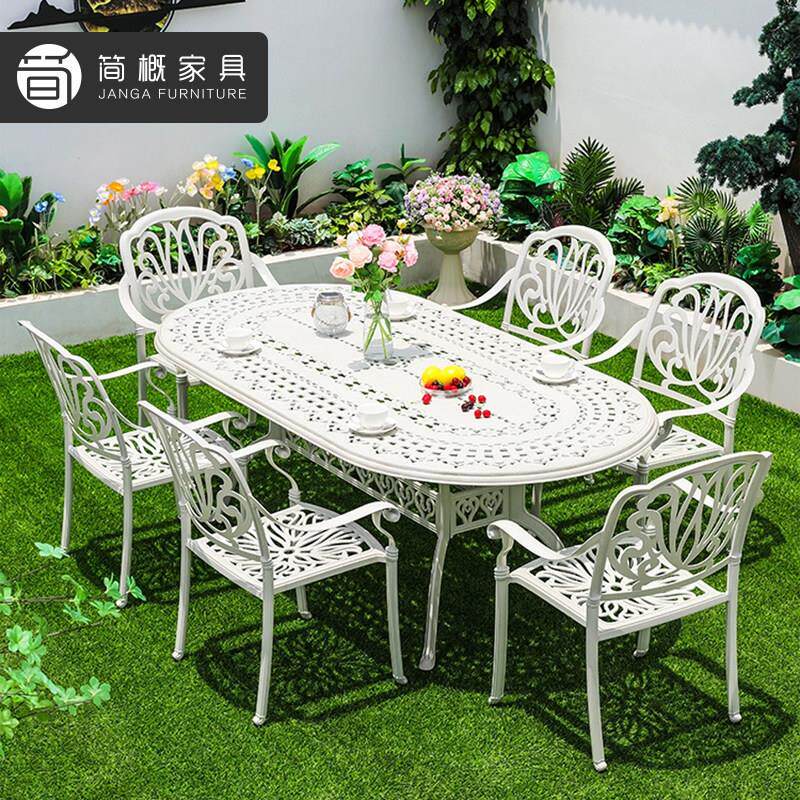 户外庭院桌椅白色阳台休闲 铸铝圆桌防水防晒别墅露天铝合金餐桌