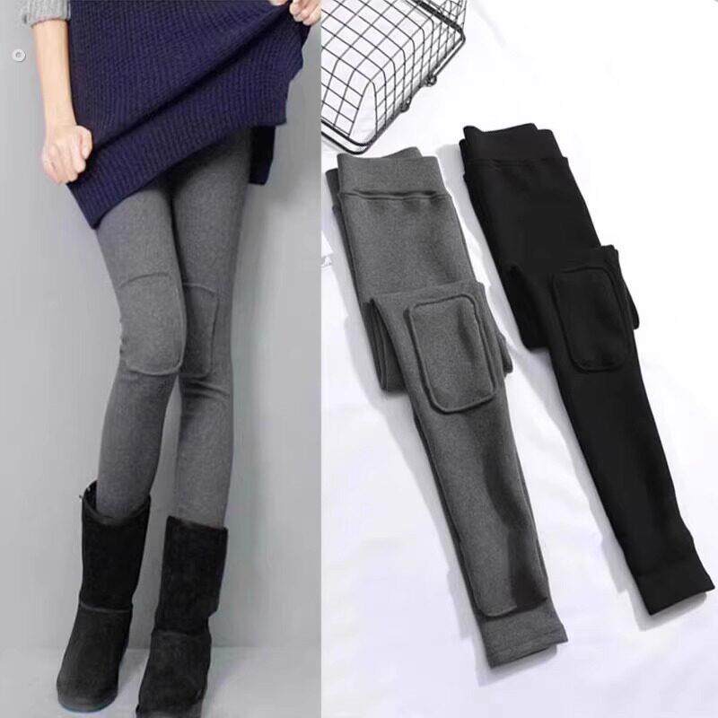 秋冬加绒补丁打底裤女膝盖加厚贴布弹力修身保暖外穿高腰小脚裤