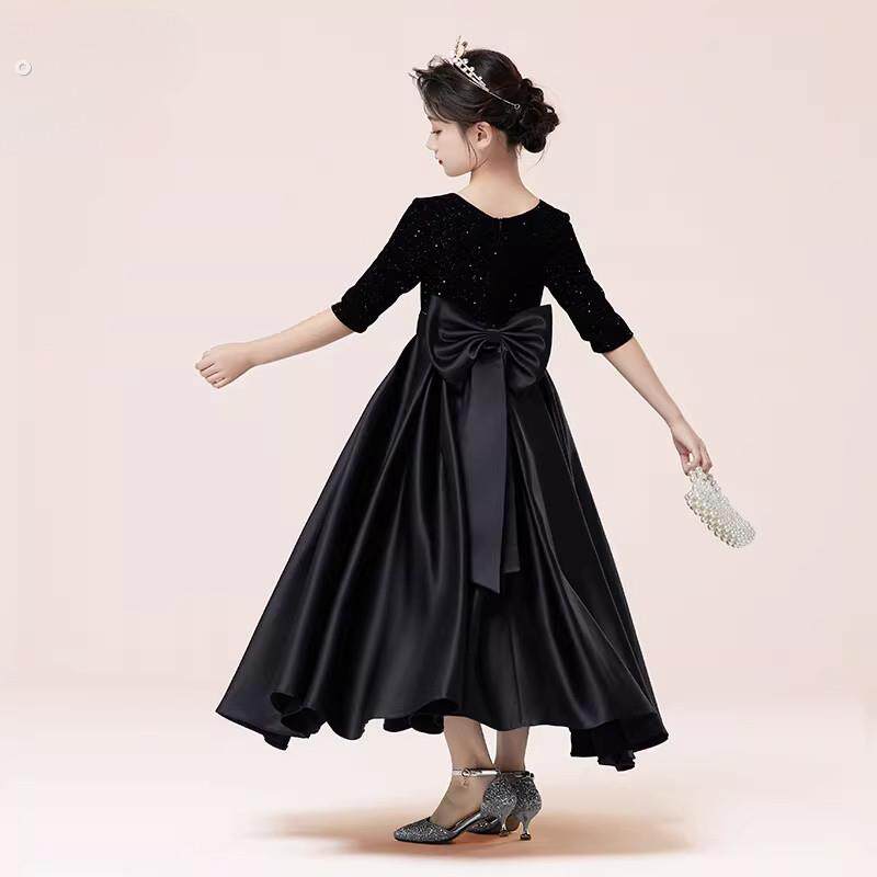 2025黑长袖儿童女童长版演出礼服公主裙走秀合唱钢琴演奏服新秋冬