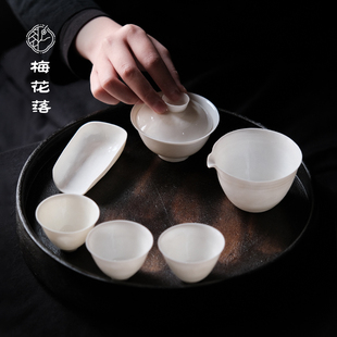 梅花落仿古手拓盖碗白瓷薄胎茶杯骨瓷茶则公道杯不烫手苏丽君手作