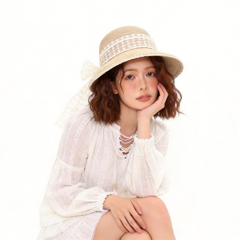 蕾丝蝴蝶结草帽女宽檐渔夫帽夏季防晒凉帽沙滩帽甜美优雅夏日度假