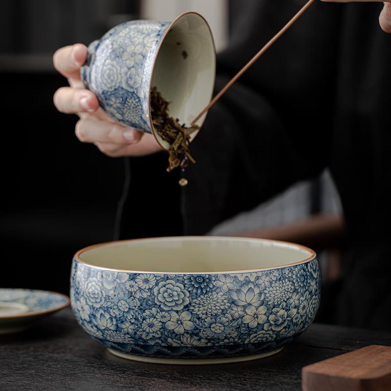 青花茶洗大号陶瓷笔洗水盂家用杯洗缸茶碗盆建水功夫茶具茶道配件