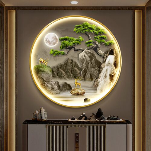 流水生财玄关装饰画大气山水画挂画新中式圆形壁画高级感LED灯画