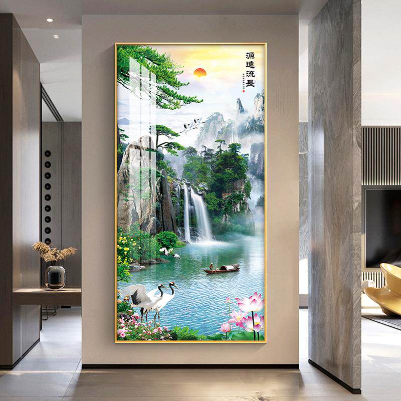 流水生财玄关画装饰画进门新中式走廊过道挂画旭日东升竹子晶瓷画
