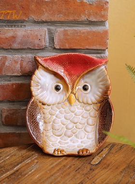高温彩色猫头鹰陶瓷碟摆设装饰坚果盘钥匙盆肥皂盒摆件