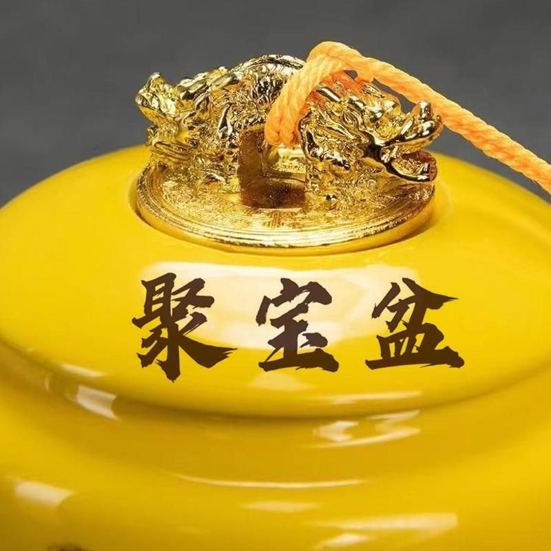 黄色陶土罐陶瓷聚宝盆带盖子客厅玄关装饰品招财聚财开业乔迁摆件,家居饰品,国学摆件,淘宝优惠券,粉丝福利购,淘宝优惠卷