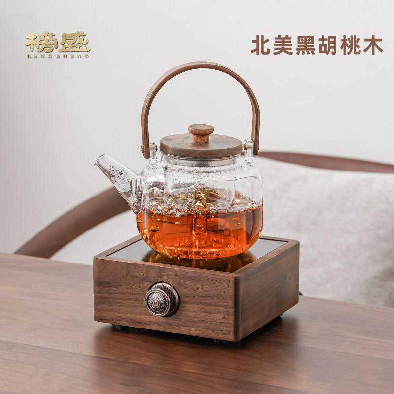 榜盛胡桃木电陶炉玻璃煮茶器 蒸煮两用提梁壶 围炉煮茶组合 中式