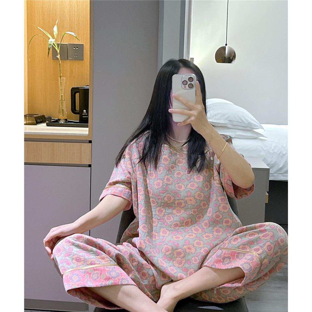 中国风短袖睡衣女夏彷古纱布棉小碎花家居服大尺码200斤七分裤套