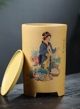 宜兴紫砂兰花专用蝴蝶兰石斛盆圆柱笔筒君子兰陶瓷带托盘透气桌面