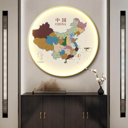 办公室高档地图中国圆形玄关装饰画 画走廊过道挂画 画轻奢发光LE