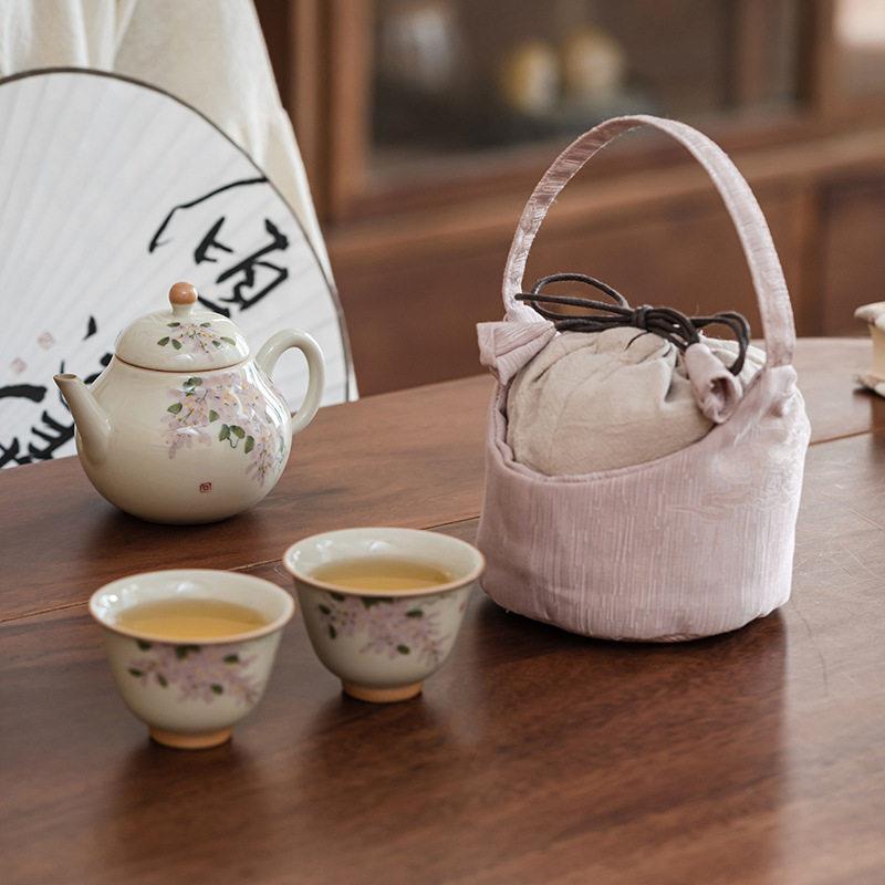 手绘紫藤花陶瓷小梨壶两杯可携式茶壶套组外出旅行功夫茶具布袋诸