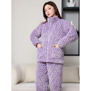 冬天睡衣女冬加厚冬季女士夹棉睡衣套装珊瑚绒水貂绒夹棉家居服