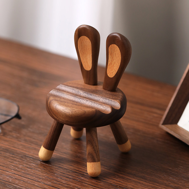 黑胡桃实木创意懒人手机支架木质网红可爱椅子桌面看剧支撑架摆件