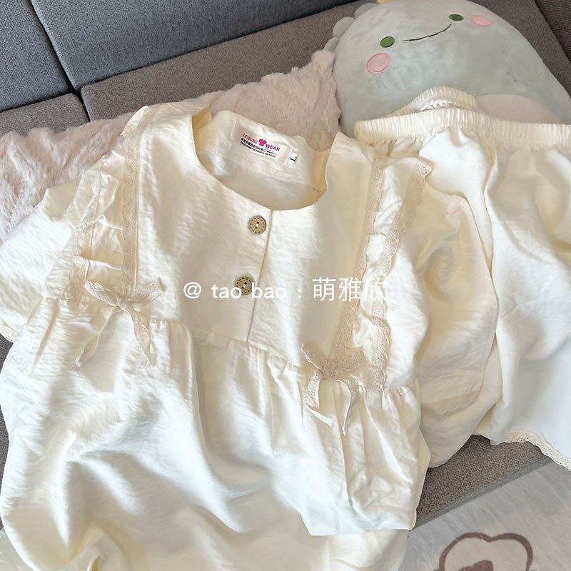 公主风杏色睡衣女款春秋夏季纯棉短袖短裤套装少女可爱花边家居服