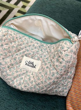 美摘法式碎花文艺清新绿色花朵化妆包大容量棉布收纳袋便携手拎包