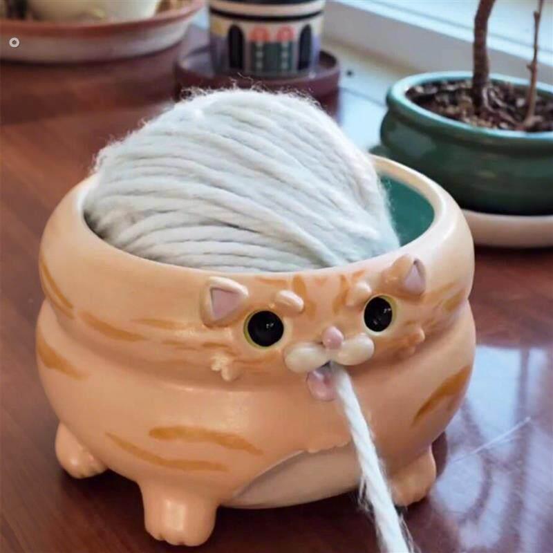 可爱猫咪毛线碗陶瓷收纳碗多功能抽线碗手工编织毛线收纳工具带孔
