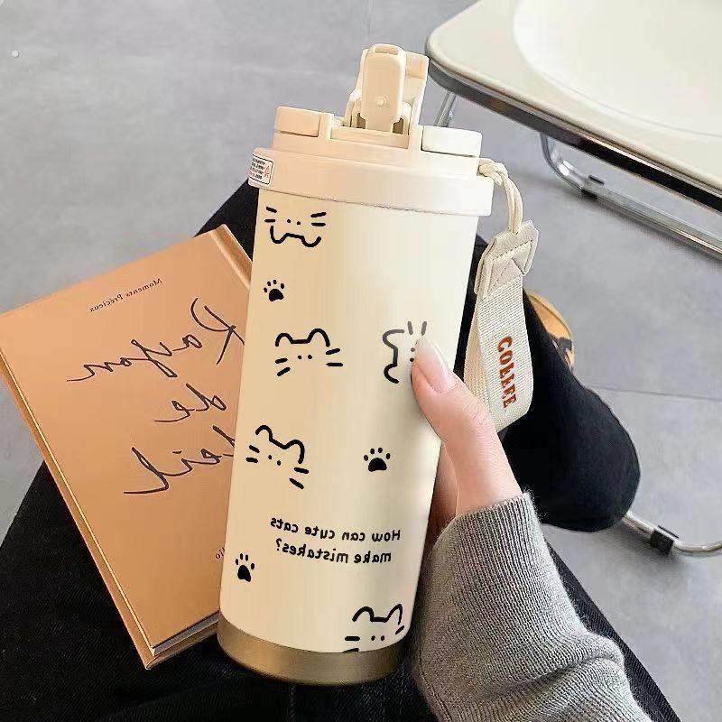 线条猫咪大容量保温杯吸管喝水杯运动车载便携男女学生上学杯子,餐饮具,保冷/保温杯,淘宝优惠券,粉丝福利购,淘宝优惠卷