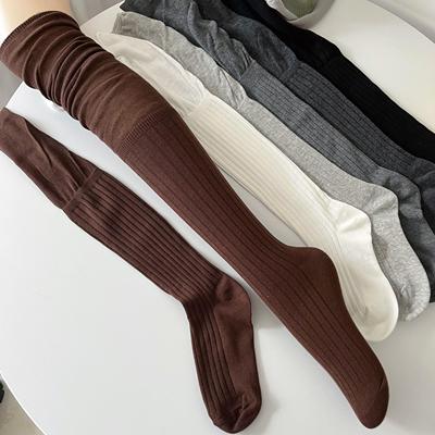 美拉德咖啡棕色过膝袜女春秋薄款棉竖条纹拼接长筒袜烟灰色高筒袜