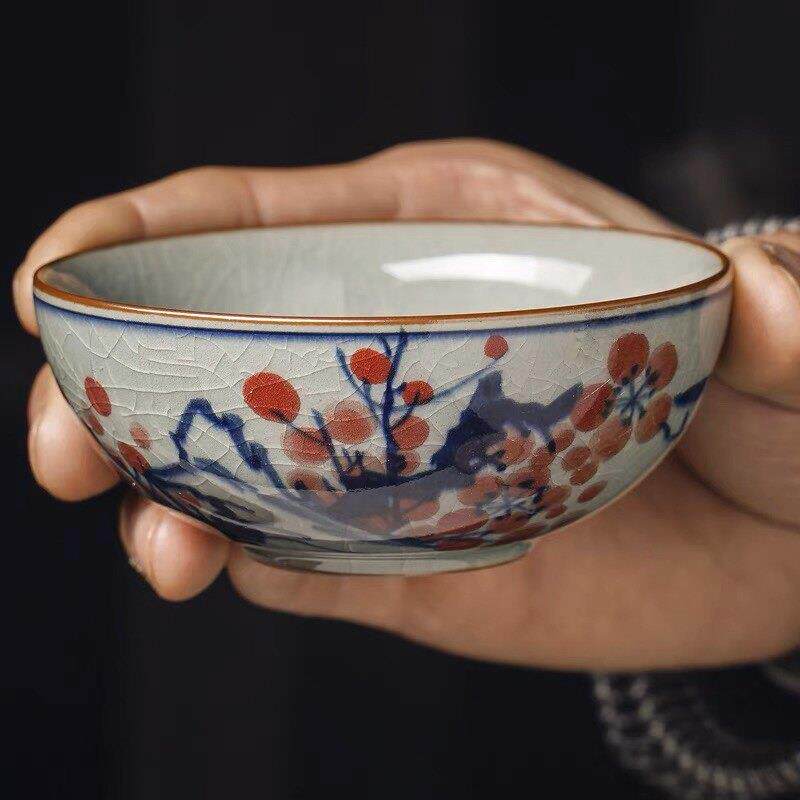 景德镇青花纯手绘主人杯荷花梅花茶杯大号陶瓷仿古品茗杯普洱杯