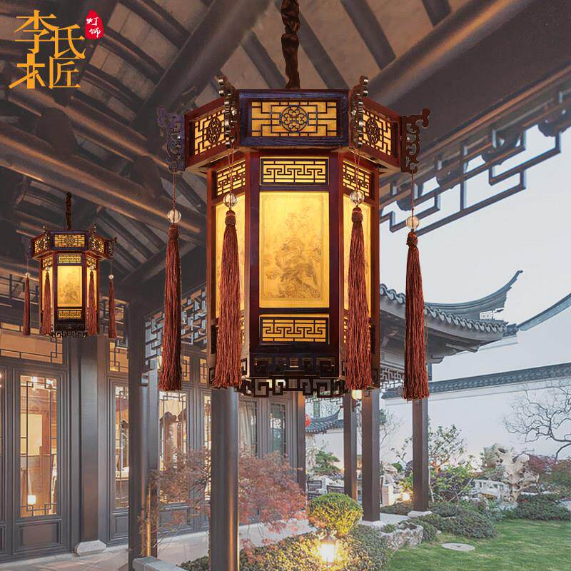 中式实木吊灯六角宫灯彷古红灯笼寺庙祠堂中国风古典凉亭门头灯具